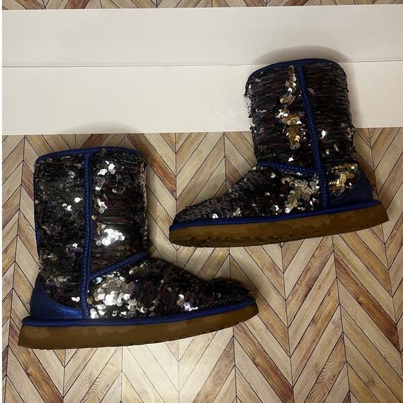 UGG Classic Short Sequin Winter Boots with Plush Wool Lining Blue Women's Size 7 - Picture 8 of 13